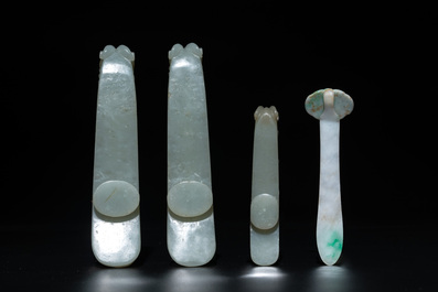 Three Chinese jade belt hooks, a hairpin, a bangle and an archer's ring, 19/20th C.