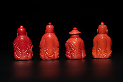 A set of ten Chinese coral-red glass Luohan-form snuff bottles, 20th C.