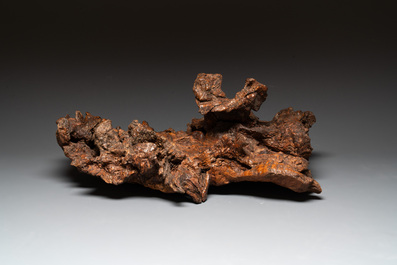 A Chinese carved wooden group and a natural root sculpture, 20th C.