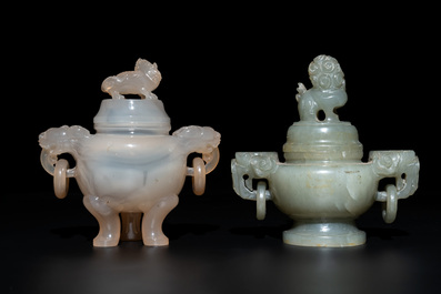 Five Chinese jade and agate incense burners and covers, 20th C.