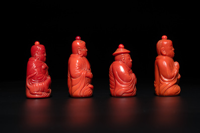 A set of ten Chinese coral-red glass Luohan-form snuff bottles, 20th C.