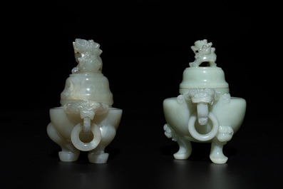 Five Chinese jade and agate incense burners and covers, 20th C.
