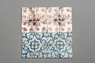112 manganese, polychrome, blue and white Dutch Delft tiles, 17/18th C.