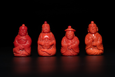 A set of ten Chinese coral-red glass Luohan-form snuff bottles, 20th C.
