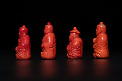 A set of ten Chinese coral-red glass Luohan-form snuff bottles, 20th C.