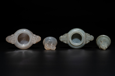 Five Chinese jade and agate incense burners and covers, 20th C.