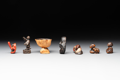 Five Japanese netsukes, a bronze figure and a lacquered burl wood cup, 19th C.
