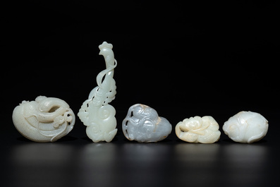 Five Chinese white, celadon and russet jade carvings of three melons, a lotus pod and a lingzhi, 19th C.