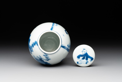A Chinese blue and white 'ladies playing go' tea caddy and cover, Kangxi