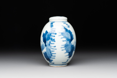 A Chinese blue and white 'ladies playing go' tea caddy and cover, Kangxi