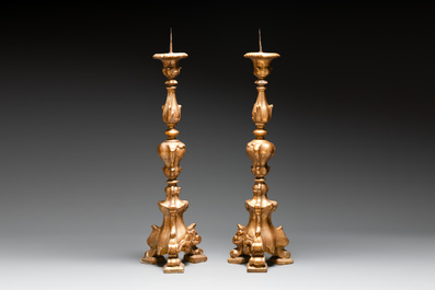 Five gilt-lacquered Baroque candlesticks, probably Germany, 18/19th C.