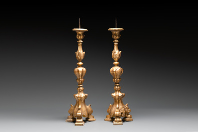 Five gilt-lacquered Baroque candlesticks, probably Germany, 18/19th C.