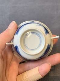 A rare Chinese blue and white 'qilin and phoenix' cup with handles, Kangxi