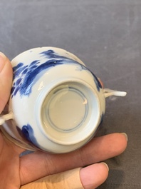 A rare Chinese blue and white 'qilin and phoenix' cup with handles, Kangxi