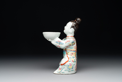 A Chinese famille rose figure of a lady presenting a bowl, Qianlong