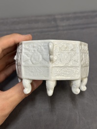 A Chinese Dehua blanc de Chine 'Marco Polo' censer and cover, Kangxi