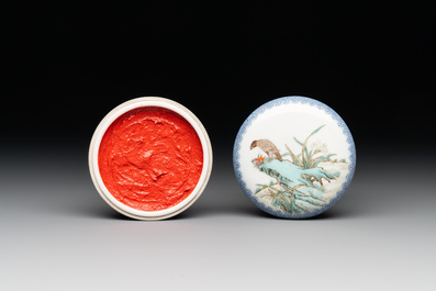 Three Chinese famille rose 'bird and flower' seal paste boxes, Qianlong mark, 20th C.