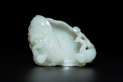 A Chinese white jade 'monkey and lingzhi' brush washer, 19/20th C.