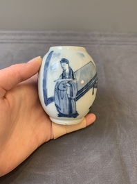 A Chinese blue and white tea caddy and cover with figural design, Kangxi