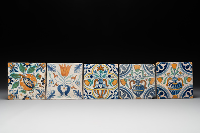 Ten polychrome Dutch Delft tiles with floral design, including Haarlem, 17th C.