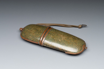 A small Kutani porcelain incense burner, two wooden sculptures, and a shagreen glasses case, Japan, Meiji, 19/20th C.