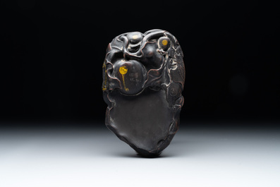 A Chinese archaistic bronze 'you 卣' vessel and cover, an inkstone and two calligraphy brushes, 20th C.