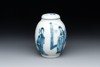 A Chinese blue and white tea caddy and cover with figural design, Kangxi