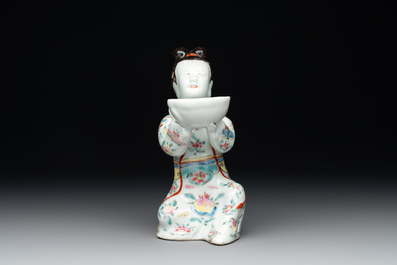 A Chinese famille rose figure of a lady presenting a bowl, Qianlong