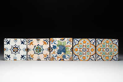 Ten polychrome Dutch Delft tiles with floral design, including Haarlem, 17th C.