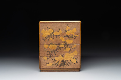 A Japanese lacquerware picnic set with two sake bottles, Meiji, 19th C.