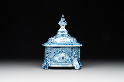 A blue and white Dutch Delft tobacco box and cover, 18th C.