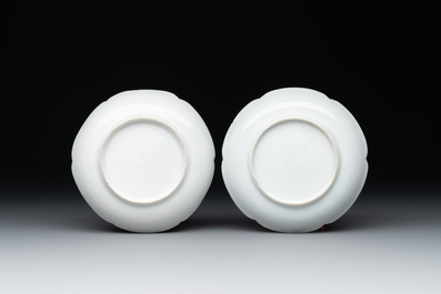 A pair of Chinese eggshell white-glazed cups and saucers, and two famille rose cups, 18th C.