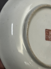 Four Chinese famille rose 'monkey and deer' saucers, Tongzhi mark and of the period
