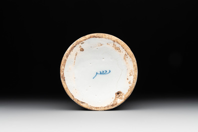 A rare blue and white Dutch Delft albarello with a recumbent deer, inscribed 'EXTR:GENTIAN:', 18th C.