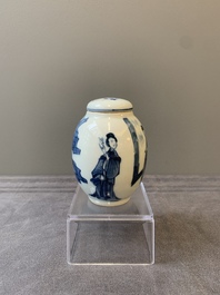 A Chinese blue and white tea caddy and cover with figural design, Kangxi