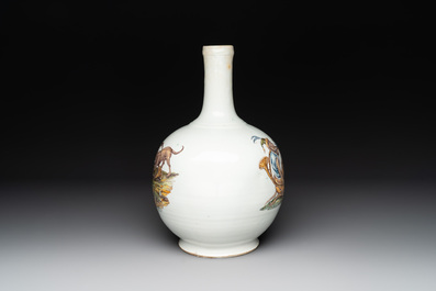 An unusual polychrome bottle vase with a monkey and a dog, Italy or Central Europe, 18th C.