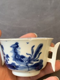 A rare Chinese blue and white 'qilin and phoenix' cup with handles, Kangxi