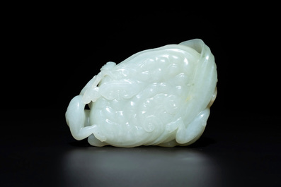 A Chinese white jade 'monkey and lingzhi' brush washer, 19/20th C.