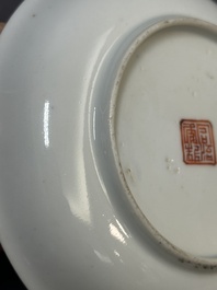 Four Chinese famille rose 'monkey and deer' saucers, Tongzhi mark and of the period