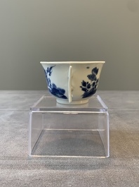 A rare Chinese blue and white 'qilin and phoenix' cup with handles, Kangxi