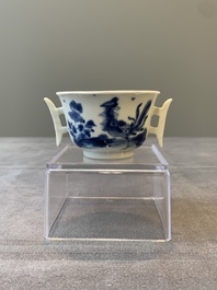 A rare Chinese blue and white 'qilin and phoenix' cup with handles, Kangxi