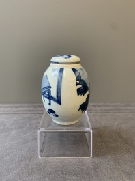 A Chinese blue and white tea caddy and cover with figural design, Kangxi