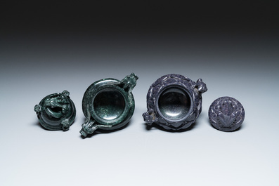 A Chinese emerald green jadeite 'birds' group, a goldstone Buddha, a carnelian group and two censers, 19/20th C.