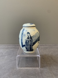 A Chinese blue and white tea caddy and cover with figural design, Kangxi