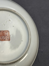 Four Chinese famille rose 'monkey and deer' saucers, Tongzhi mark and of the period