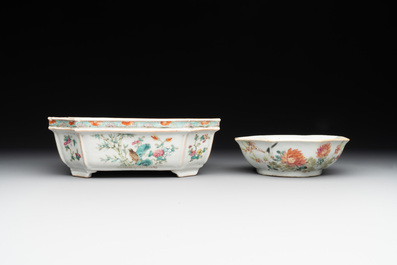 A Chinese famille rose sweetmeat set, a covered jar, a covered box and a jardini&egrave;re, 19th C.