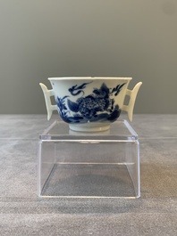A rare Chinese blue and white 'qilin and phoenix' cup with handles, Kangxi