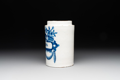 A rare blue and white Dutch Delft albarello with a recumbent deer, inscribed 'EXTR:GENTIAN:', 18th C.