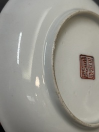 Four Chinese famille rose 'monkey and deer' saucers, Tongzhi mark and of the period