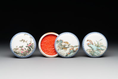 Three Chinese famille rose 'bird and flower' seal paste boxes, Qianlong mark, 20th C.